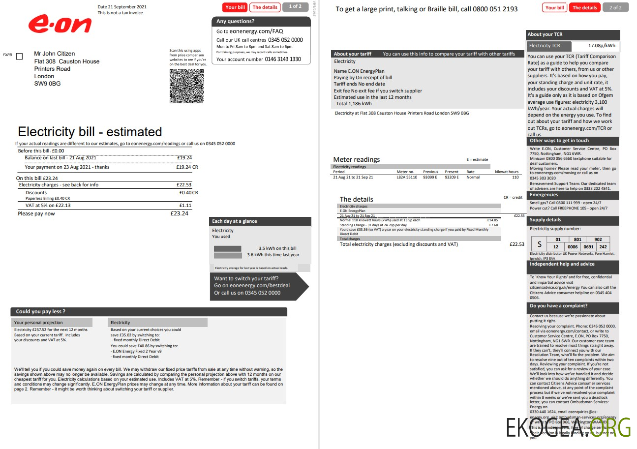 United Kingdom E.ON electricity utility bill template in Word and PDF format, 2 pages, version 1